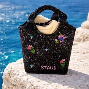 STAUD Black Beaded Tote with Floral Accents